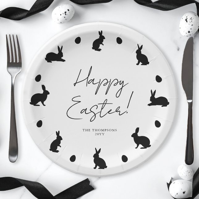 Bunnies And Eggs In Black Modern Happy Easter Paper Plates (Creator Uploaded)