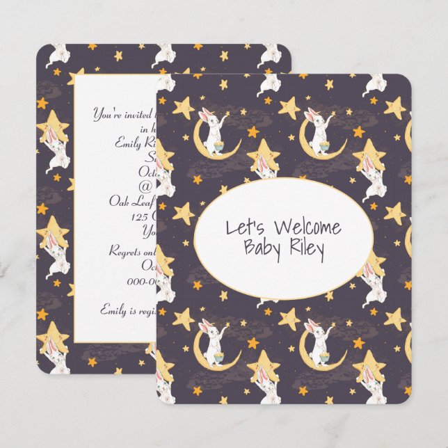 Bunnies and Gold Stars on Gray   Invitation (Front/Back)