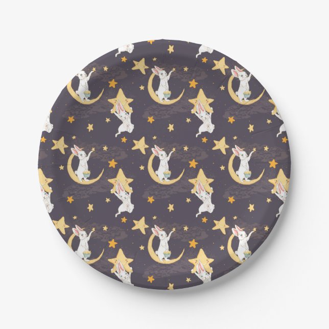 Bunnies and Gold Stars on Gray Paper Plates (Front)