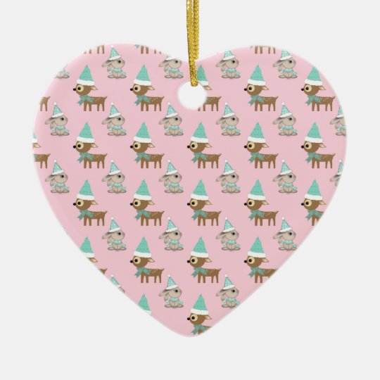 Bunnies and Reindeer over Pale Pink Holiday Art Ceramic Ornament