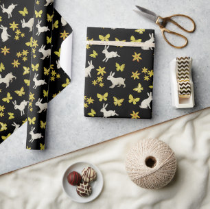 bunnies and yellow butterflies wrapping paper