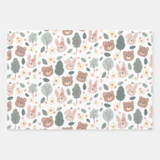 Bunnies & bears Wrapping Paper Flat Sheet Set of 3