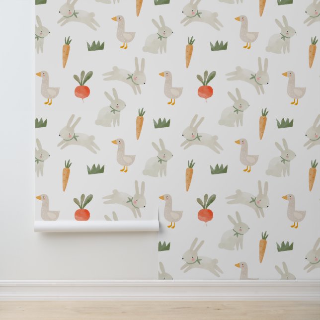 Bunnies & Ducks on the Farm Pattern Wallpaper (Application)