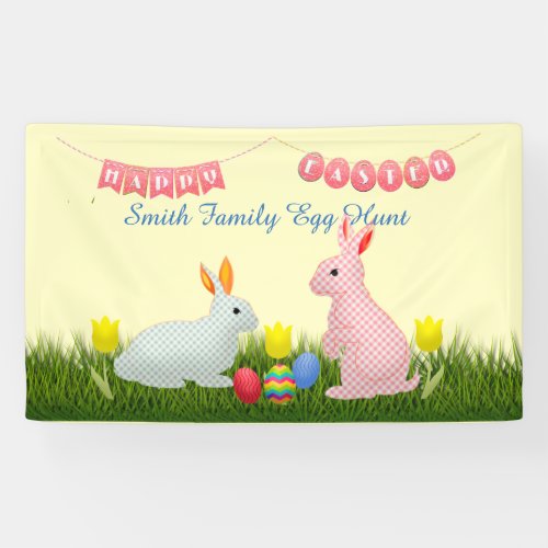 Bunnies Eggs Tulips and Happy Easter Bunting Banner