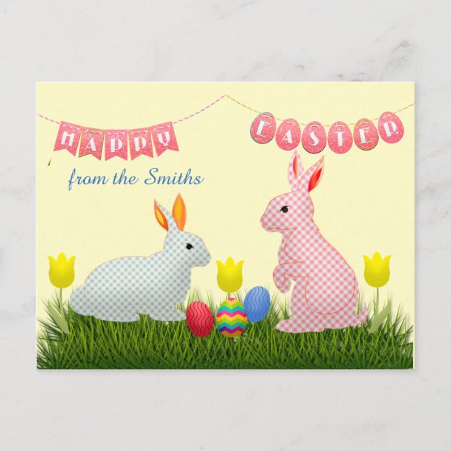 Bunnies, Eggs, Tulips and Happy Easter Bunting Postcard (Front)