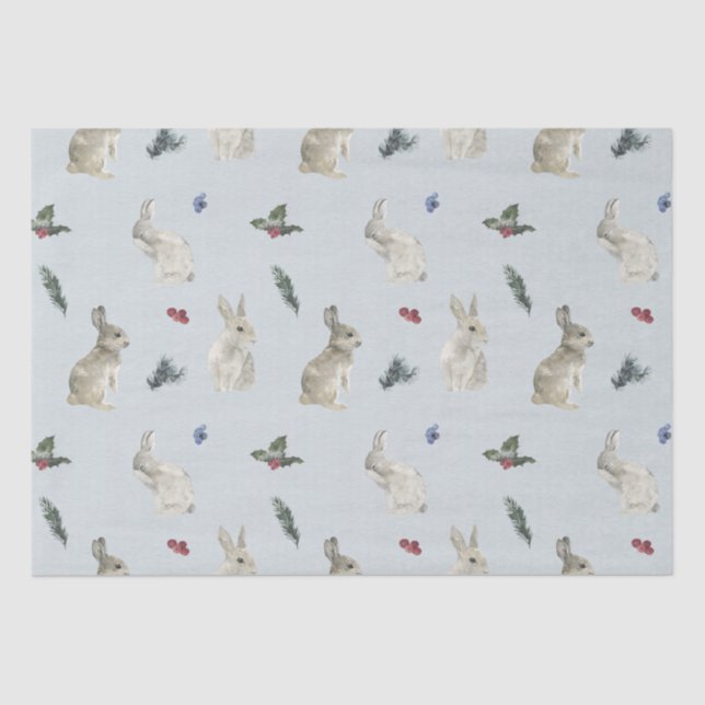 Bunnies, Holly, and Berries Blue Tissue Paper (Front)
