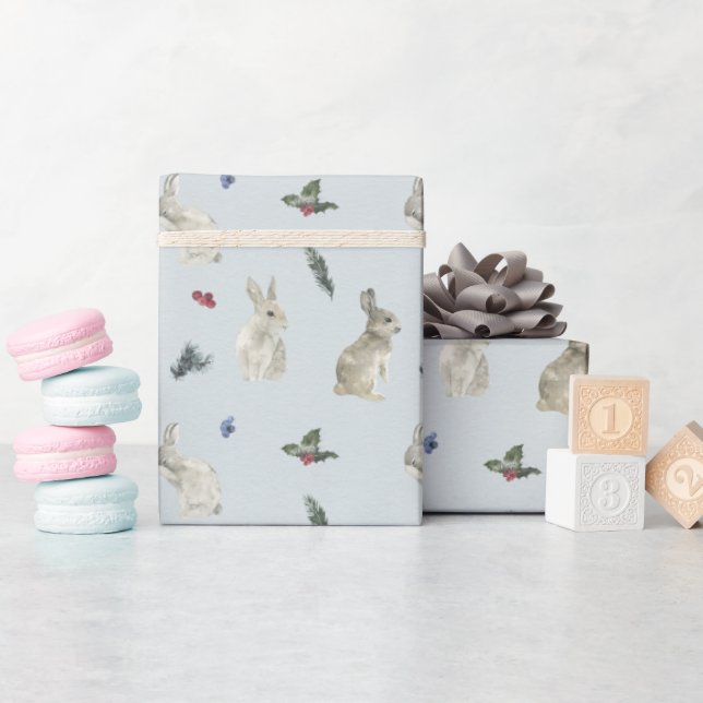 Bunnies, Holly, and Berries Blue  Wrapping Paper (Baby Shower)