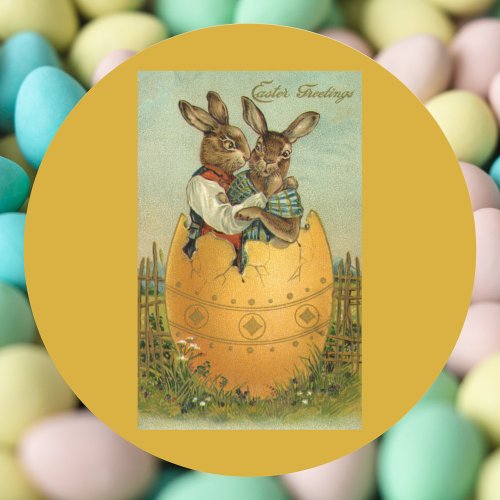 Bunnies in a Gold Egg Vintage Victorian Easter  Classic Round Sticker