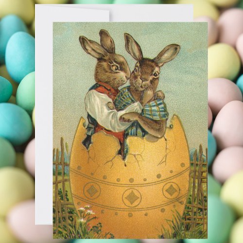 Bunnies in a Gold Egg Vintage Victorian Easter  Holiday Card