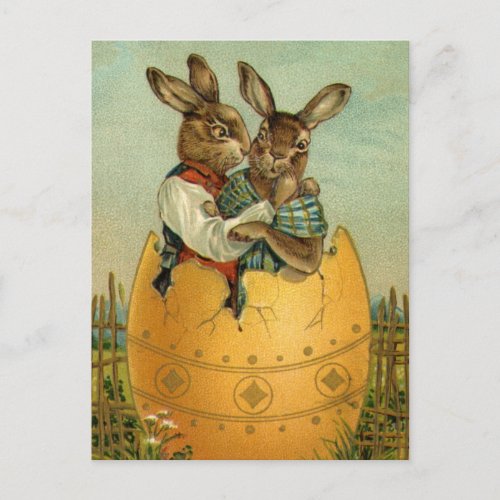 Bunnies in a Gold Egg Vintage Victorian Easter  Holiday Postcard