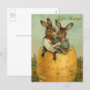 Bunnies in a Gold Egg, Vintage Victorian Easter Holiday Postcard