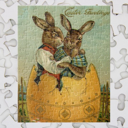 Bunnies in a Gold Egg Vintage Victorian Easter  Jigsaw Puzzle