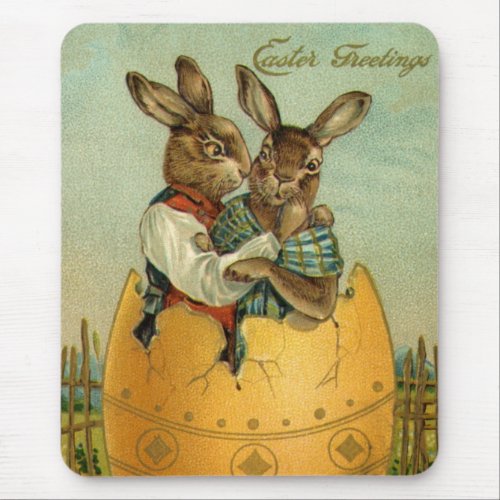 Bunnies in a Gold Egg Vintage Victorian Easter  Mouse Pad