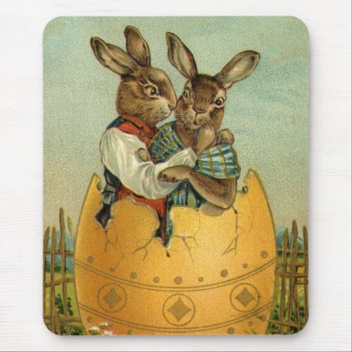 Bunnies in a Gold Egg Vintage Victorian Easter  Mouse Pad