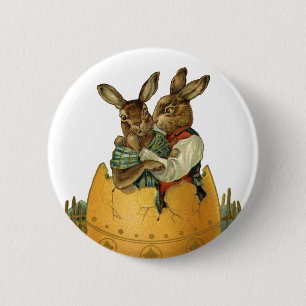 Bunnies in a Gold Egg, Vintage Victorian Easter Pinback Button