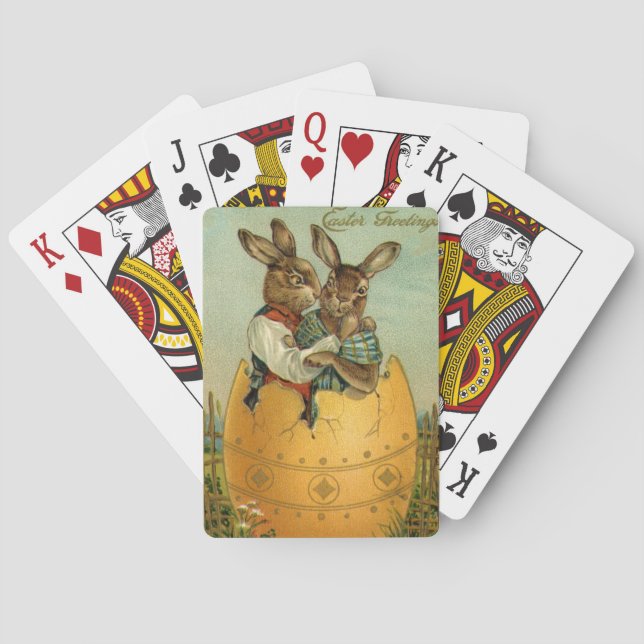 Bunnies in a Gold Egg, Vintage Victorian Easter  Poker Cards (Back)