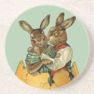 Bunnies in a Gold Egg, Vintage Victorian Easter  Sandstone Coaster