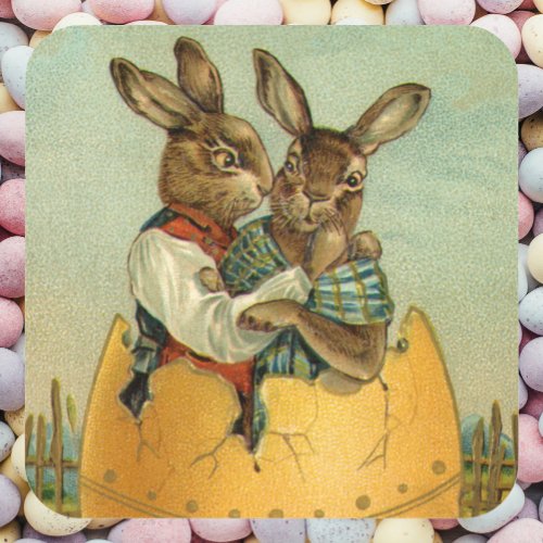 Bunnies in a Gold Egg Vintage Victorian Easter  Square Sticker