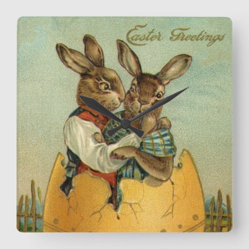 Bunnies in a Gold Egg Vintage Victorian Easter  Square Wall Clock