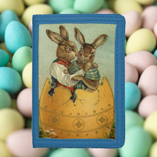 Bunnies in a Gold Egg, Vintage Victorian Easter Trifold Wallet