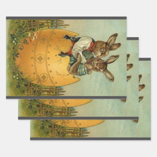 Bunnies in a Gold Egg Vintage Victorian Easter  Wrapping Paper Sheets