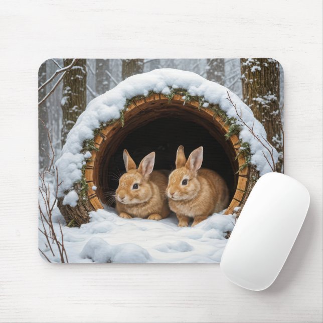 Bunnies In a Hollow Log Mouse Pad (With Mouse)