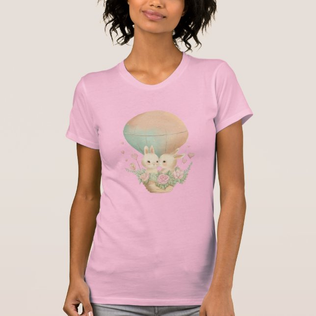 bunnies in a hot air balloon with flowers and hear T-Shirt (Front)