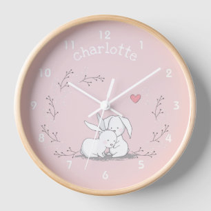 Bunnies in a Wreath - Cute Pink Nursery / Kids Clock