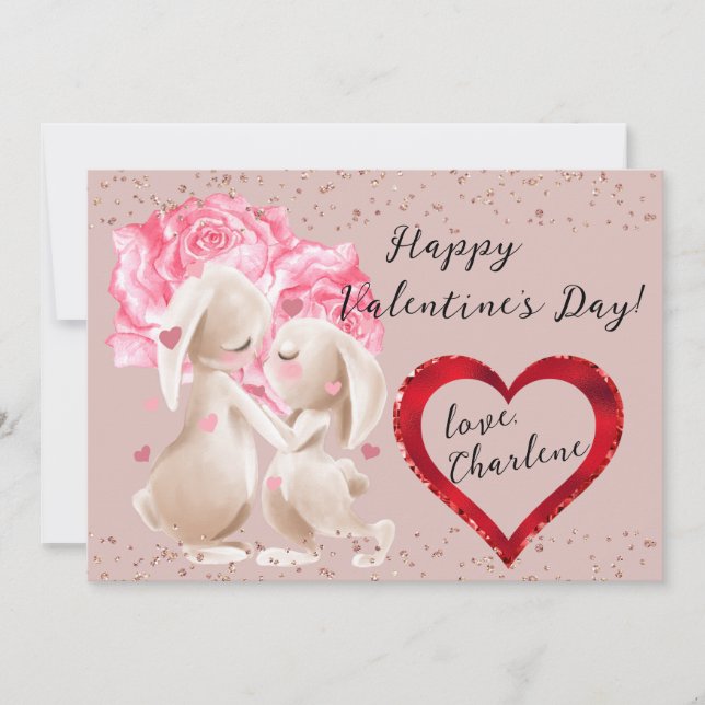 Bunnies in Love Red Heart Valentine Holiday Card (Front)