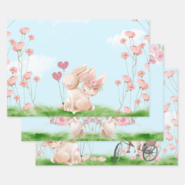 Bunnies in Love Wrapping Paper Flat Sheet Set of 3 (Set)