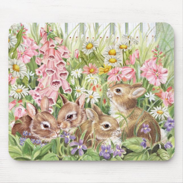 Bunnies in the Flowers Mouse Pad (Front)
