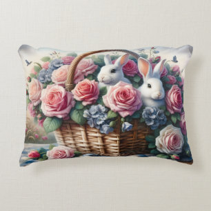 Bunnies Nestled Among Cottage Roses Accent Pillow