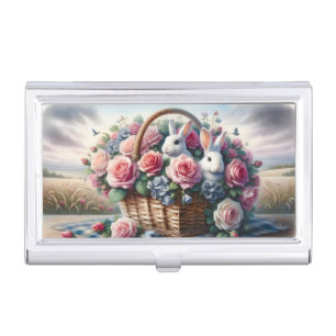 Bunnies Nestled Among Cottage Roses Business Card Case