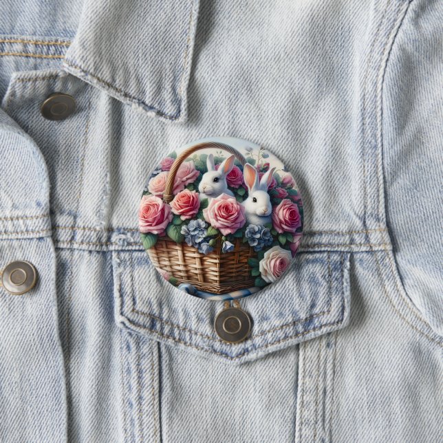 Bunnies Nestled Among Cottage Roses Button (In Situ)