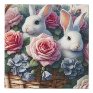Bunnies Nestled Among Cottage Roses Faux Canvas Print