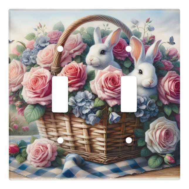 Bunnies Nestled Among Cottage Roses Light Switch Cover (Front)