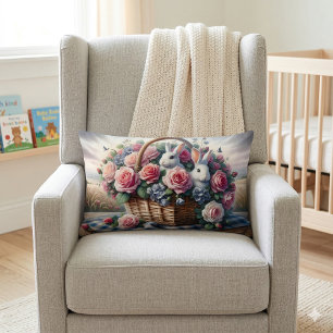 Bunnies Nestled Among Cottage Roses Lumbar Pillow