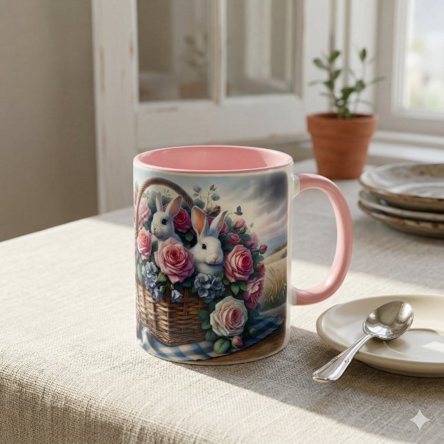 Bunnies Nestled Among Cottage Roses Mug (Bunnies Nestled Among Cottage Roses Mug)