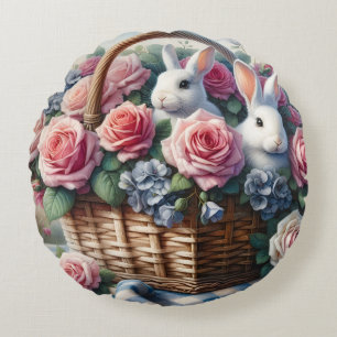 Bunnies Nestled Among Cottage Roses Round Pillow