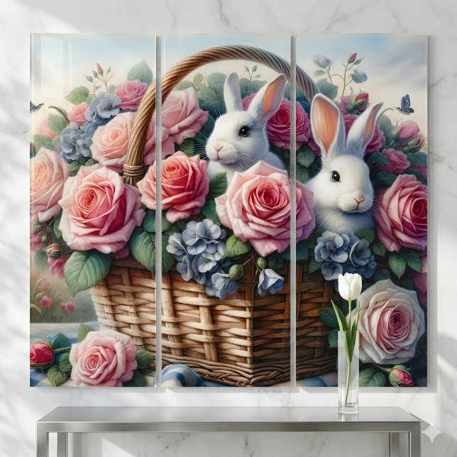 Bunnies Nestled Among Cottage Roses Triptych (Bunnies Nestled Among Cottage Roses Triptych)