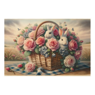 Bunnies Nestled Among Cottage Roses Wood Wall Art