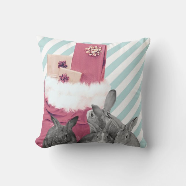Bunnies Peeking in Santa’s Sack Throw Pillow (Front)