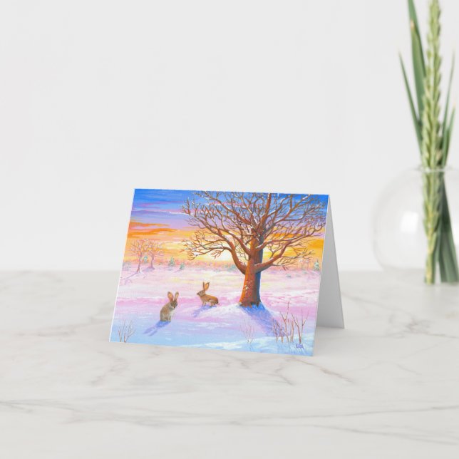 Bunnies Rabbits Winter Landscape Wildlife Art Holiday Card (Front)