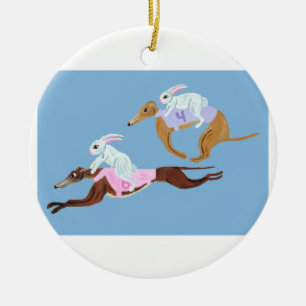 Bunnies riding Greyhounds Ceramic Ornament