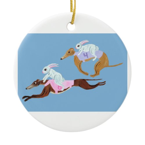 Bunnies riding Greyhounds Ceramic Ornament