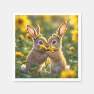 Bunnies Smelling a Yellow Sunflower Napkins