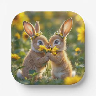Bunnies Smelling a Yellow Sunflower Paper Plates