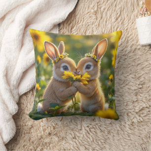 Bunnies Smelling a Yellow Sunflower Throw Pillow