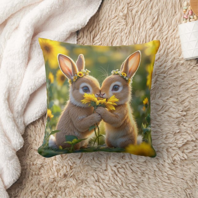 Bunnies Smelling a Yellow Sunflower Throw Pillow (Blanket)