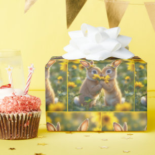 Bunnies Smelling a Yellow Sunflower Wrapping Paper
